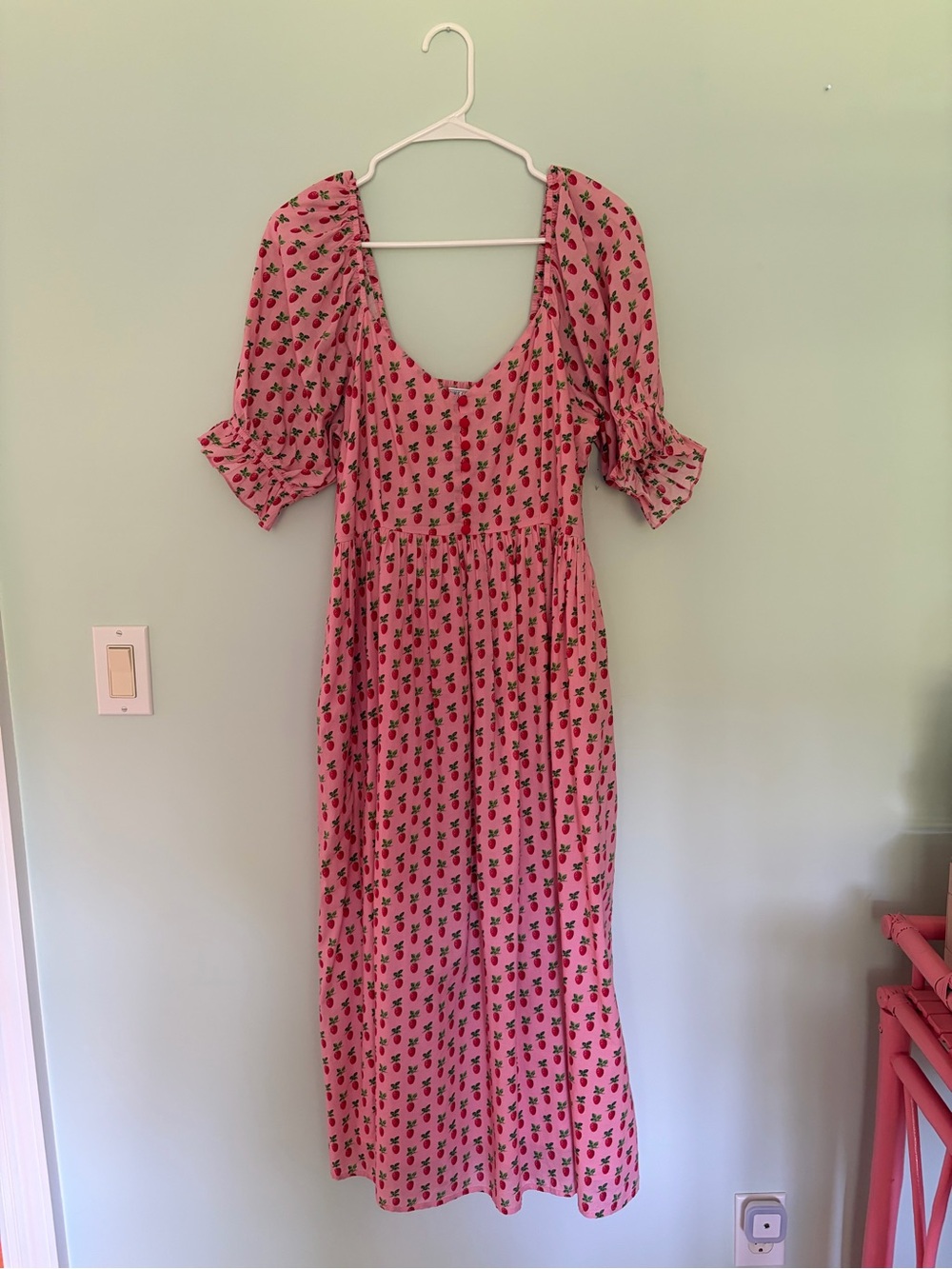 Pink Floral Maxi Dress with Puff Sleeves and Scoop Neck